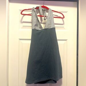 Reformation Baker Knit halter Dress - blue teal x black/white gingham XS organic